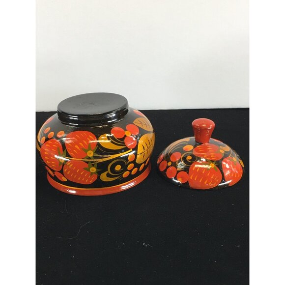 Vintage Russian Khokhloma Lacquered Wood Jar with Lid Painted Red Black - Picture 5 of 10